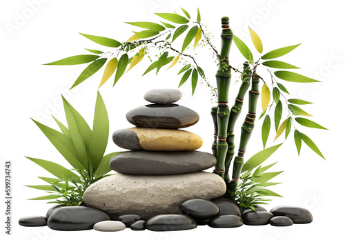 Stacked Stone Zen with Bamboo Isolated on Transparent Background - Generative AI 
