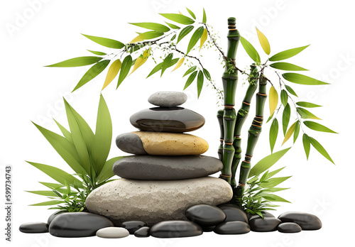 Stacked Stone Zen with Bamboo Isolated on Transparent Background - Generative AI
