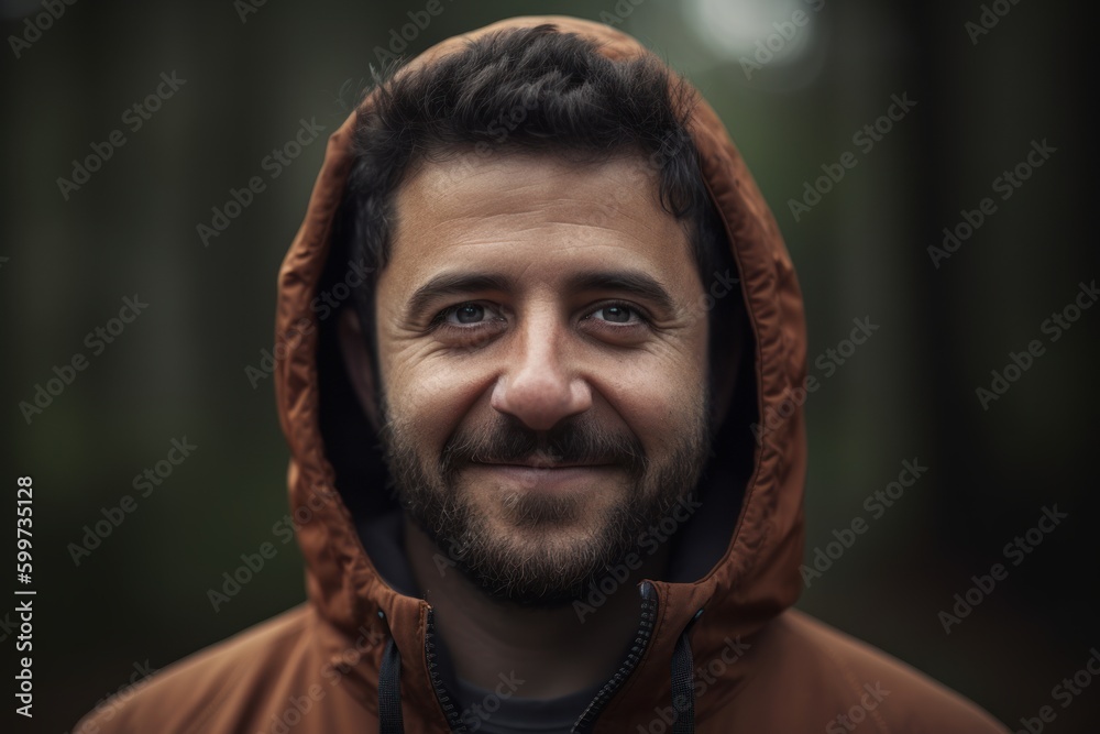 Portrait of a man with a beard in a hood in the forest