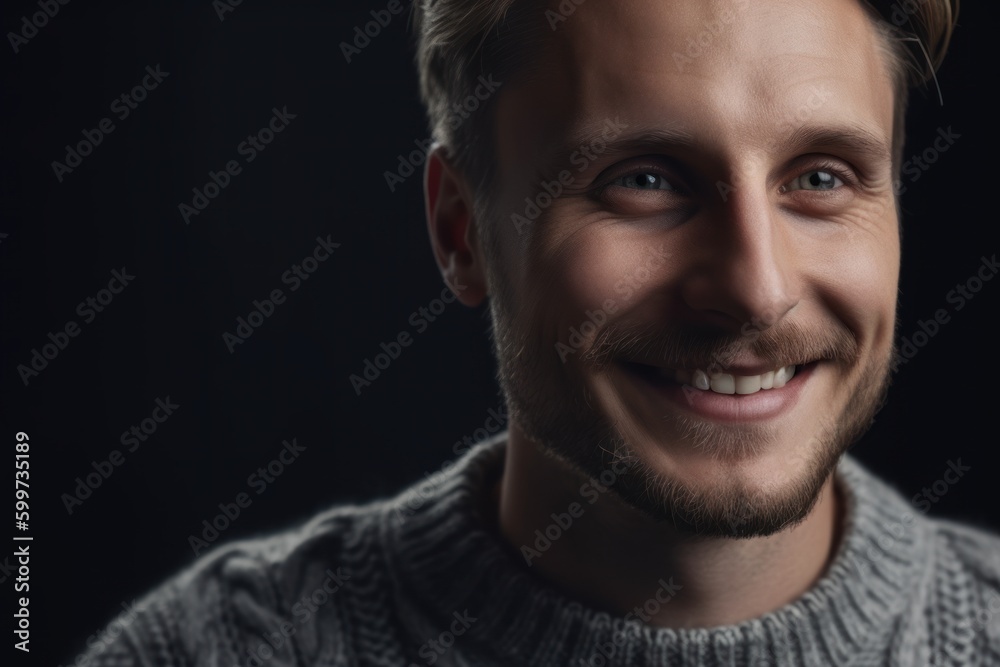 Portrait of a handsome young man in a gray sweater on a black background