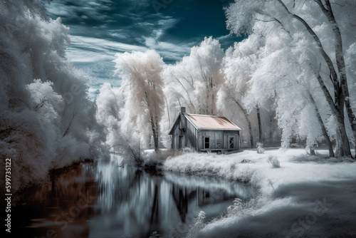 a cottage and trees near a river. infrared style. © Dinusha