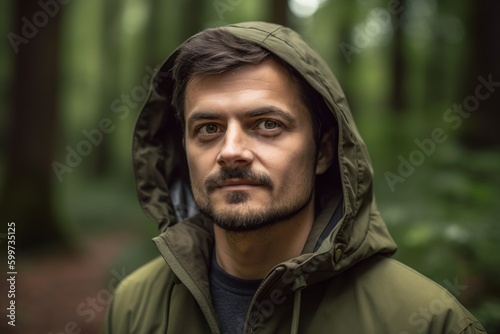 Portrait of a young man in a raincoat in the woods