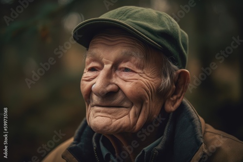 Portrait of an elderly man with a hat in the forest.