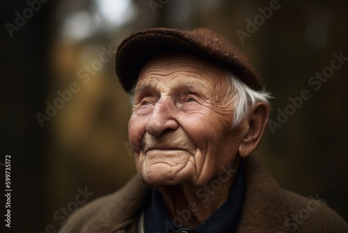 Portrait of an elderly man in the autumn forest. Selective focus.
