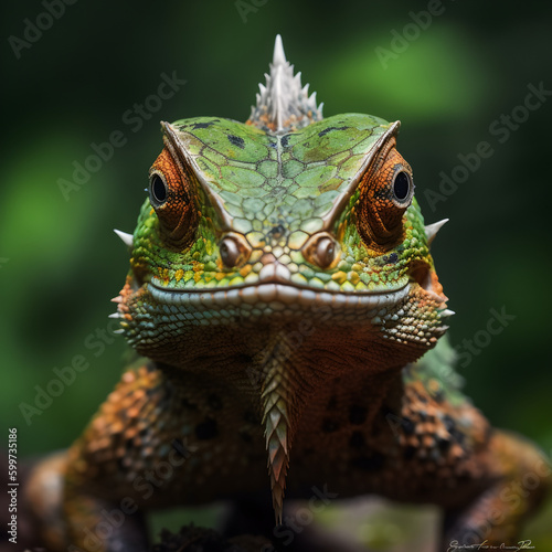 symmetrical close-up portrait shoot in green jungle of an expressive green color lizard