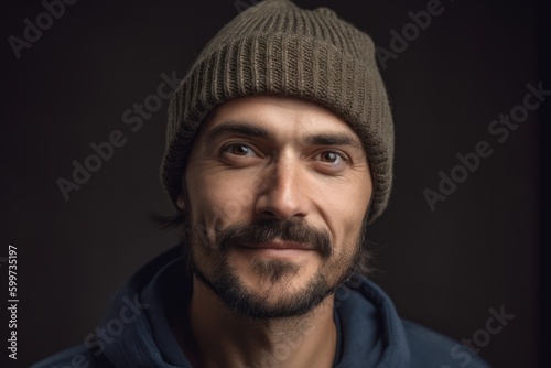 Portrait of a handsome young man in a knitted hat.