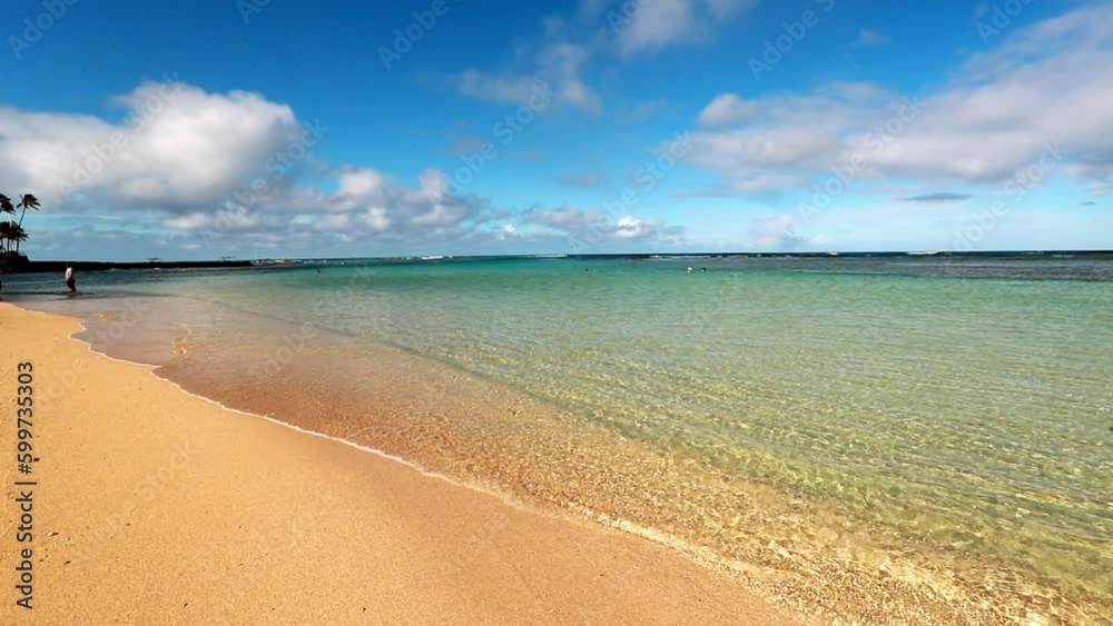 Slow Motion Shot Of Waves In Sea Coastline At Beach Under Clouds In Sky On Sunny Day - Oahu, Hawaii Slow Motion Shot Of Waves In Sea Coastline At Beach Under Clouds In Sky On Sunny Day - Oahu, Hawaii