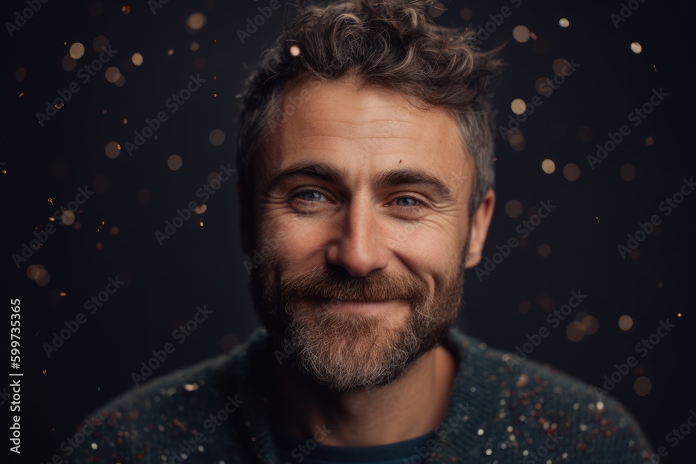 Close-up portrait photography of a grinning man in his 30s wearing a cozy sweater against a glitter or confetti background. Generative AI