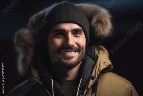 Portrait of a handsome young man in a warm jacket on a dark background.