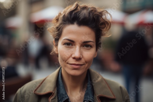 Portrait of a beautiful woman with curly hair in the city.