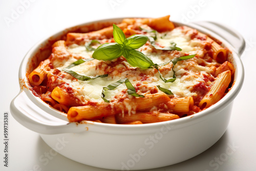 Ziti al forno - baked ziti pasta dish with tomato sauce and cheese. Generative AI.