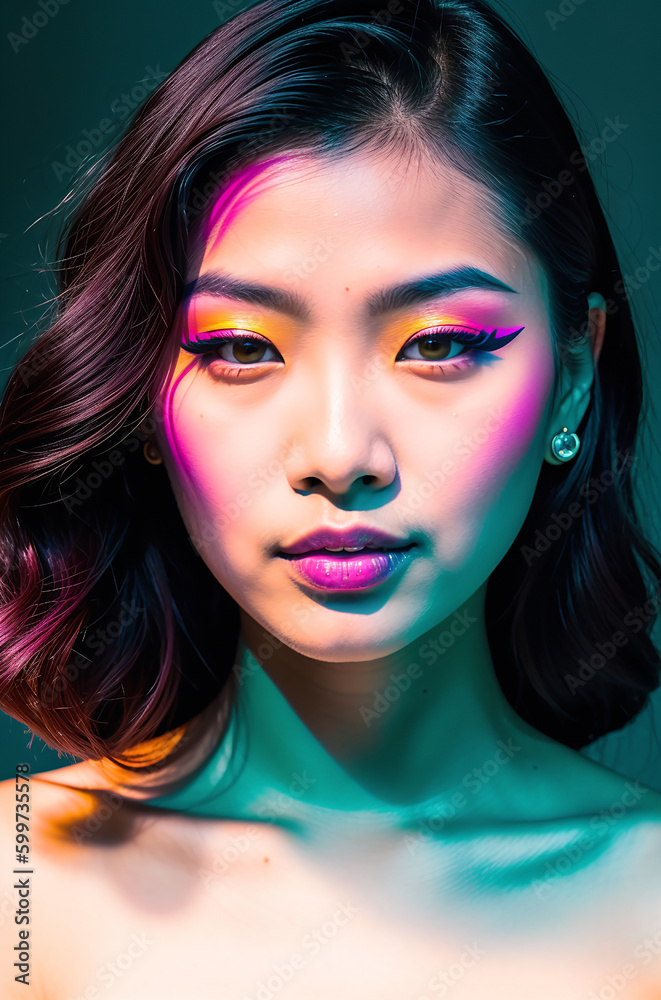 portrait of a woman with trendy makeup, neon, iridescent Generative AI portrait of a woman with trendy makeup, neon, iridescent Generative AI