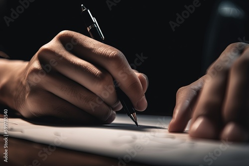 A close-up of a person's hand holding a pen and writing notes during a meeting photo
