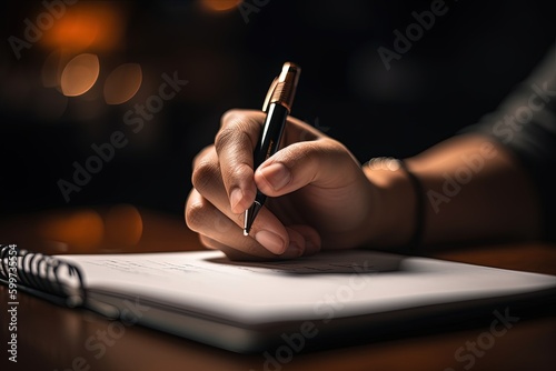 A close-up of a person's hand holding a pen and writing a signature on a contract