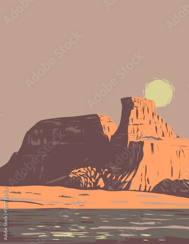 WPA poster art of Gunsight Butte on Lake Powell area located in Glen Canyon National Recreation Area in Kane County, Utah USA in works project administration or Art Deco style.