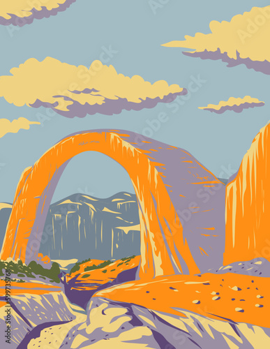 WPA poster art of Rainbow Bridge National Monument located in Glen Canyon National Recreation Area in San Juan County, Utah USA in works project administration or Art Deco style.