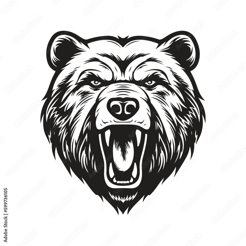 angry grizzly bear, vintage logo line art concept black and white color, hand drawn illustration
