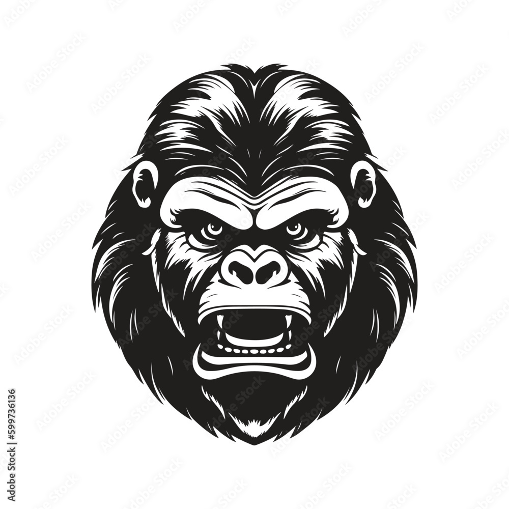 angry gorilla, vintage logo line art concept black and white color, hand drawn illustration