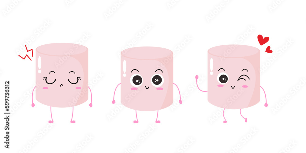 Vector illustration of marshmallow character with various cute expression, cool, set of marshmallow isolated on white background, simple minimal style, cute for mascot collection, emoticon, adorable