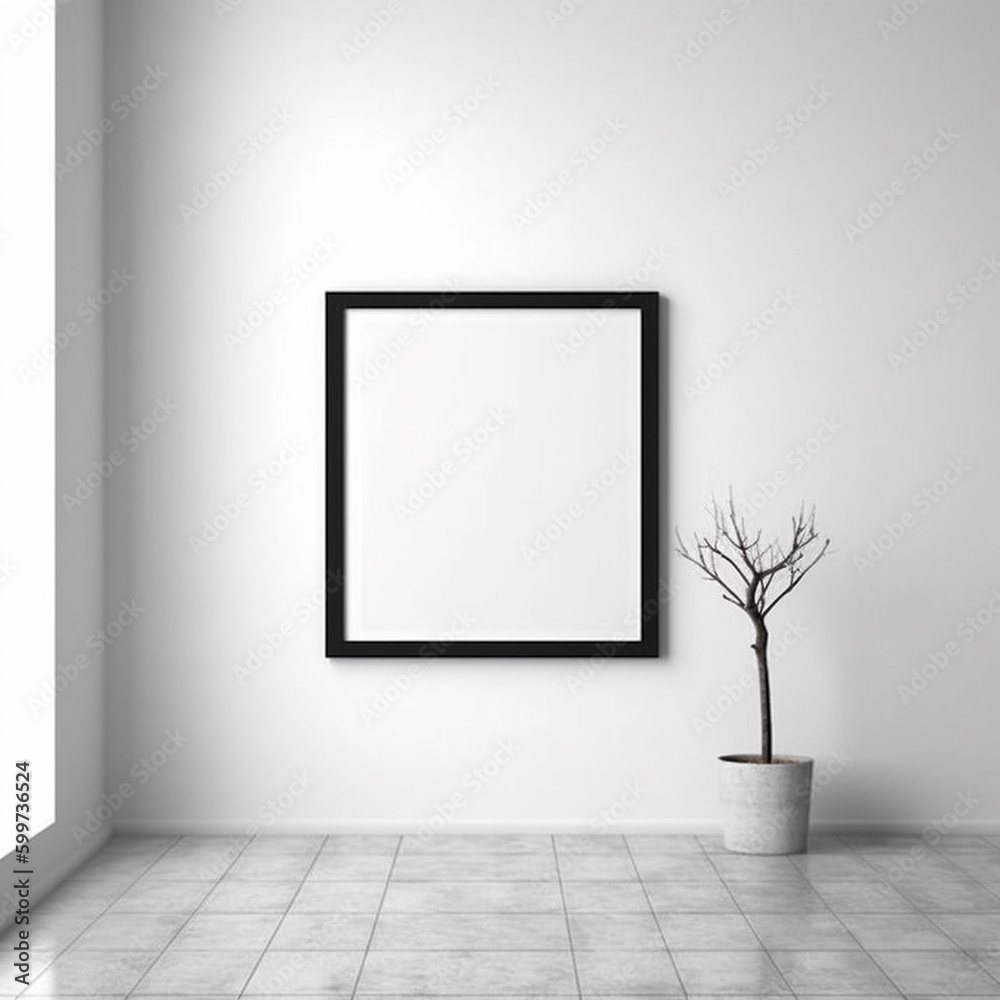 Square Black Frame Mock Up for Art, Photos, and Posters, on White Wall with Modern Accessories - Generative AI Square Black Frame Mock Up for Art, Photos, and Posters, on White Wall with Modern Accessories - Generative AI