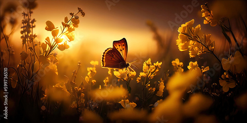 Close-up photography of butterfly and garden flowers at sunset made with generative AI