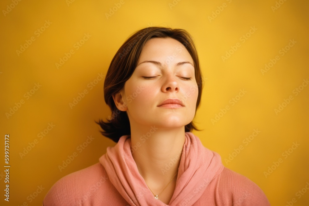 Fototapeta premium Portrait of a beautiful young woman with closed eyes on a yellow background