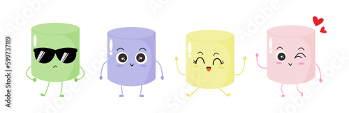 Vector illustration of marshmallow character with various cute expression, cool, set of marshmallow isolated on white background, simple minimal style, cute for mascot collection, emoticon, colorfull
