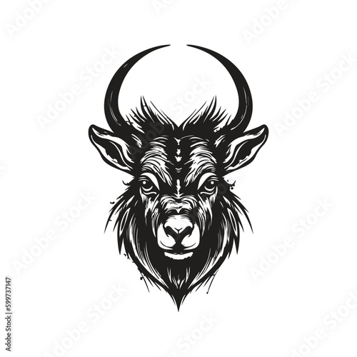 angry waterbuck, vintage logo line art concept black and white color, hand drawn illustration