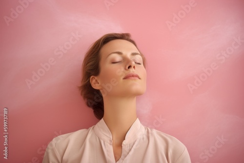 Portrait of a young woman with closed eyes on a pink background