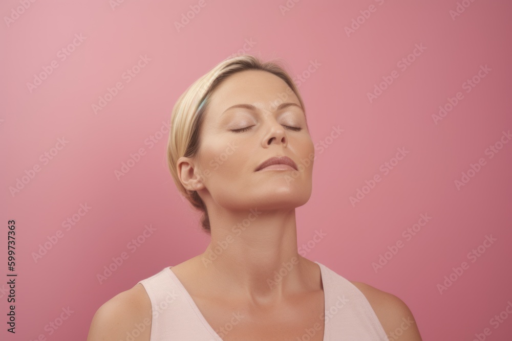Portrait of a beautiful woman with closed eyes on a pink background Portrait of a beautiful woman with closed eyes on a pink background