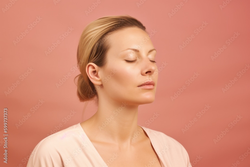 Portrait of a beautiful woman with closed eyes, on a pink background