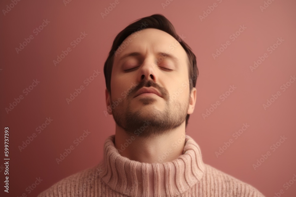 Fototapeta premium Portrait of a handsome young man with closed eyes on a pink background