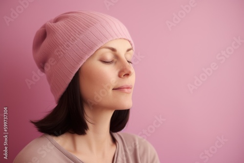 Beautiful young woman with closed eyes wearing a pink knitted hat