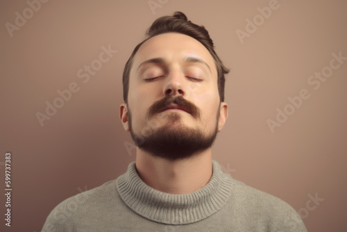 Portrait of a handsome young man with beard and mustache in grey sweater