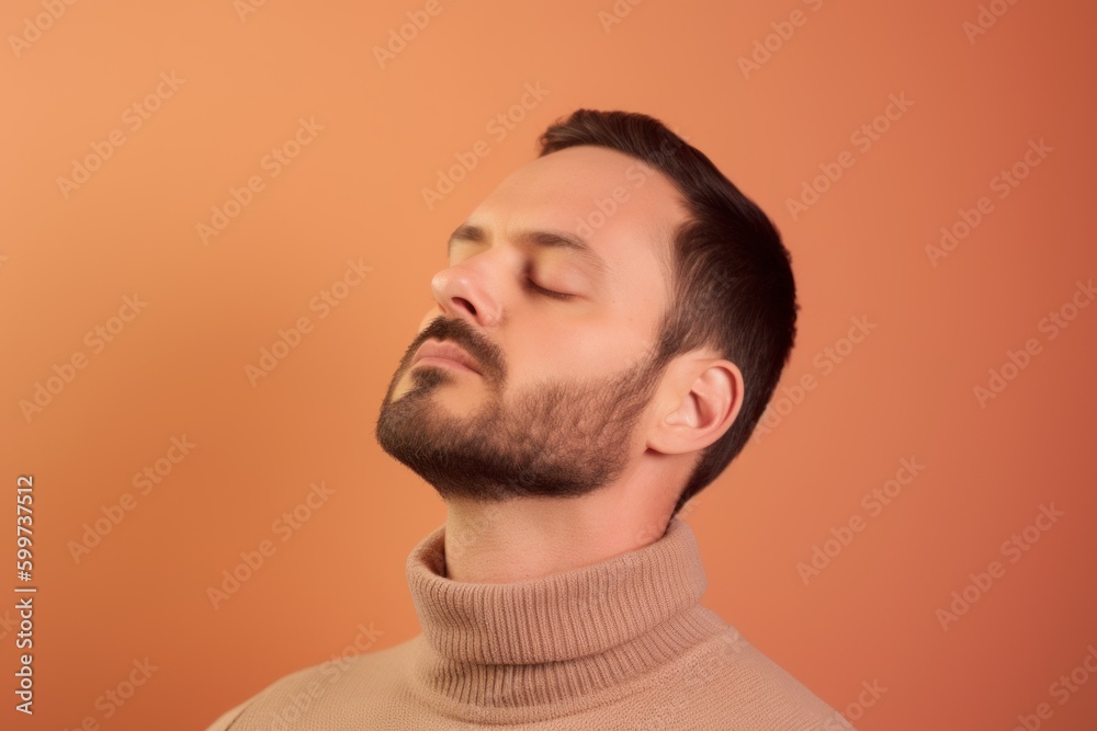 Obraz premium Portrait of a young man with closed eyes on a orange background