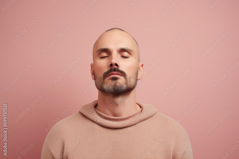 Portrait of a young man with a beard in a beige sweater on a pink background Portrait of a young man with a beard in a beige sweater on a pink background
