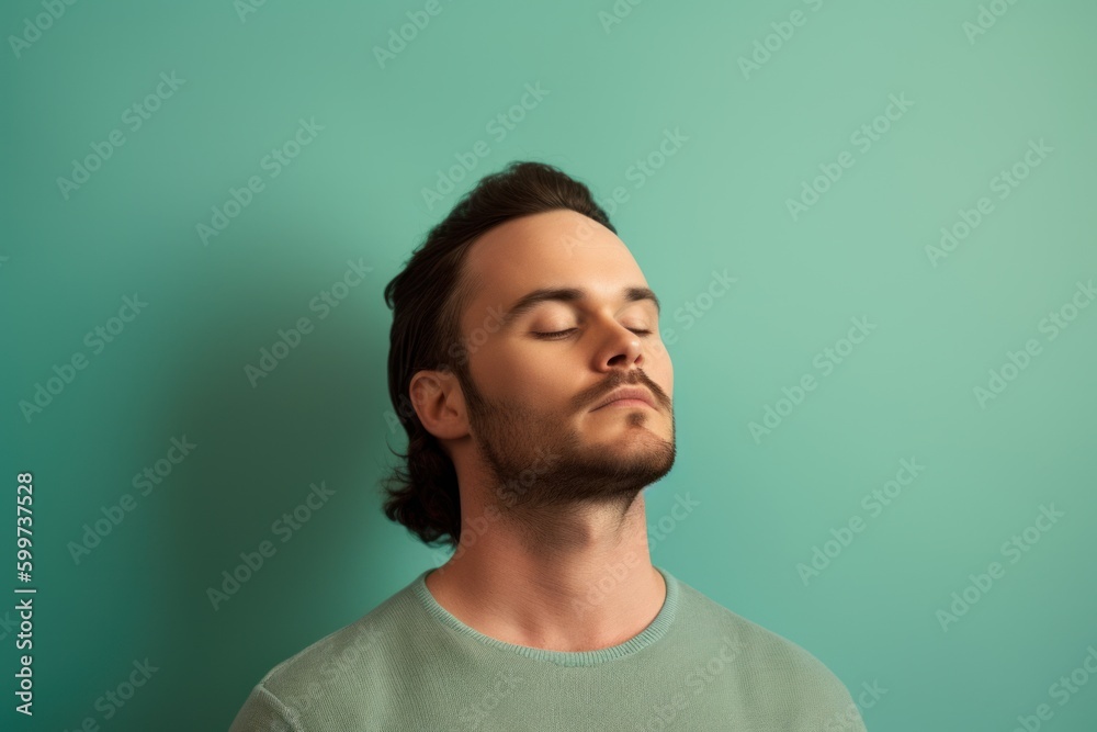 Portrait of handsome young man with closed eyes on turquoise background Portrait of handsome young man with closed eyes on turquoise background