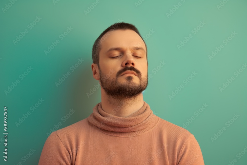 Man with closed eyes on turquoise background. Portrait of a man in a sweater. Man with closed eyes on turquoise background. Portrait of a man in a sweater.