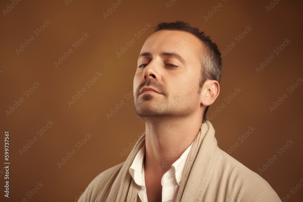 Obraz premium Portrait of a handsome young man with closed eyes on brown background
