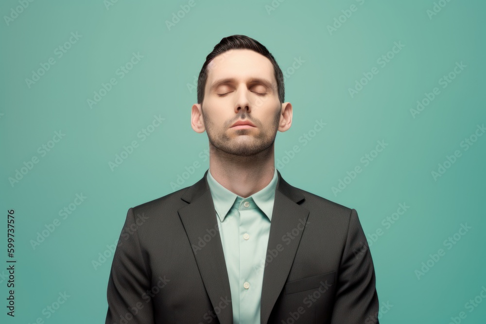 Handsome young businessman with closed eyes and closed eyes on green background