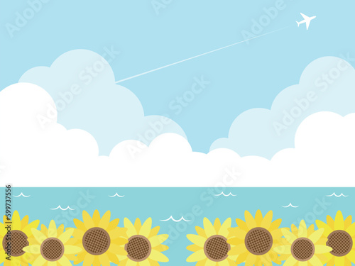 ひまわりと飛行機が飛ぶ海の背景イラスト