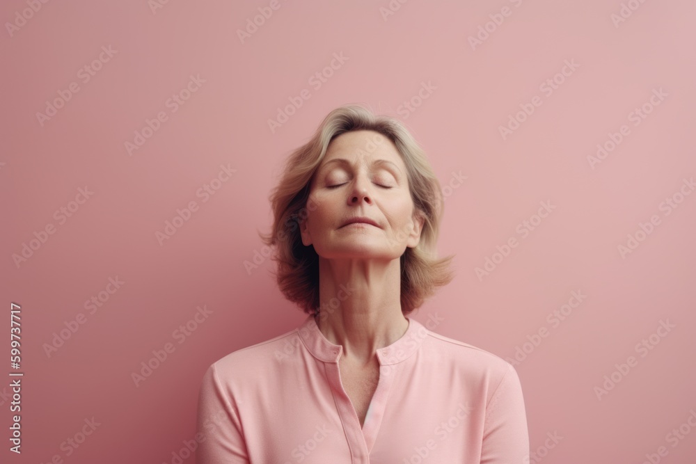 Portrait of beautiful middle aged woman with closed eyes on pink background