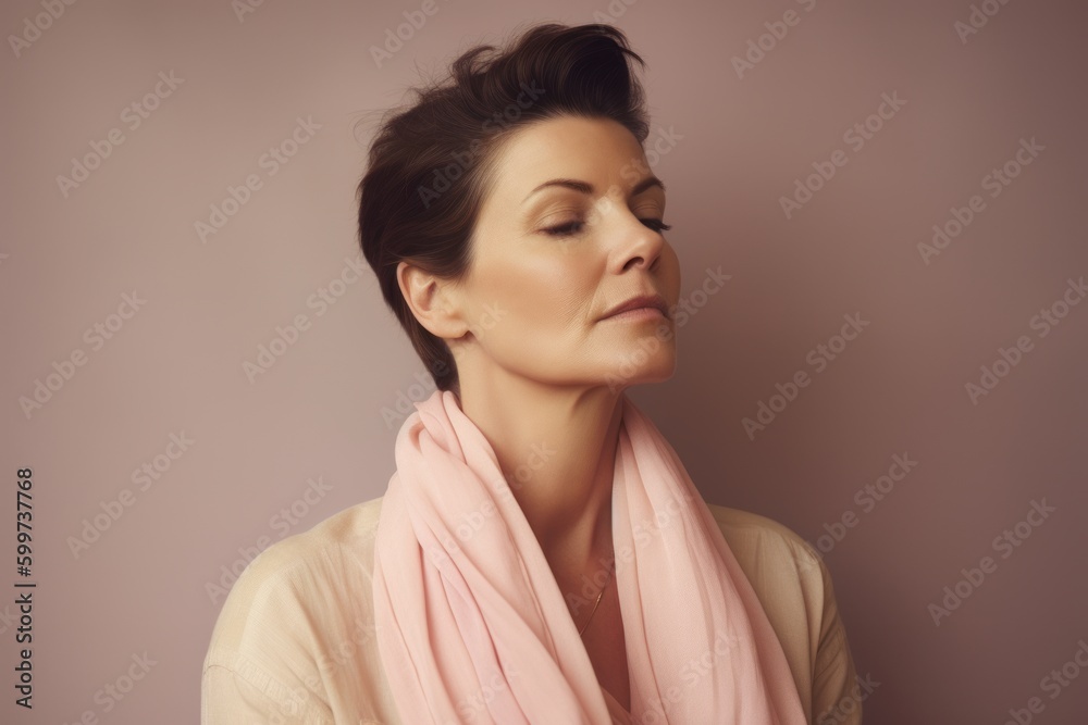 Portrait of a beautiful young woman in a pink scarf on a pink background Portrait of a beautiful young woman in a pink scarf on a pink background