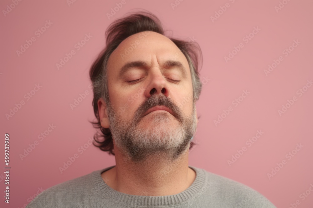 Handsome middle aged man with grey hair, closed eyes and closed eyes, isolated on pink background Handsome middle aged man with grey hair, closed eyes and closed eyes, isolated on pink background