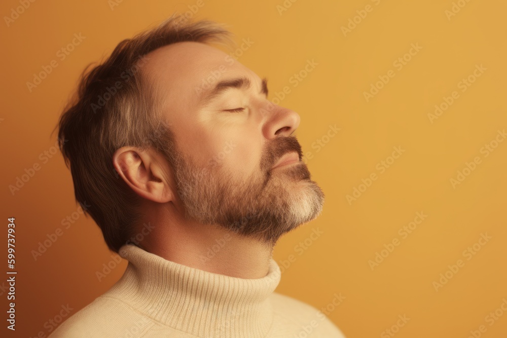 Obraz premium Portrait of a bearded man in a white sweater on a yellow background