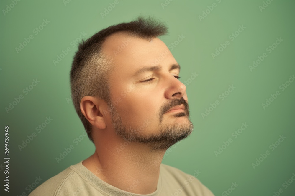 Portrait of a young man with closed eyes against green background. Portrait of a young man with closed eyes against green background.