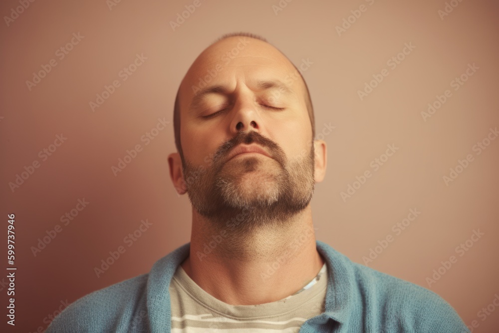 Fototapeta premium Portrait of a bald man with closed eyes on a pink background