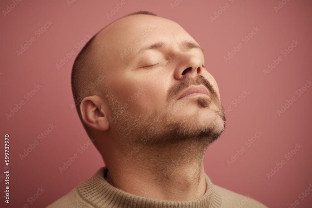 Fototapeta premium Portrait of a man with closed eyes on a pink background.