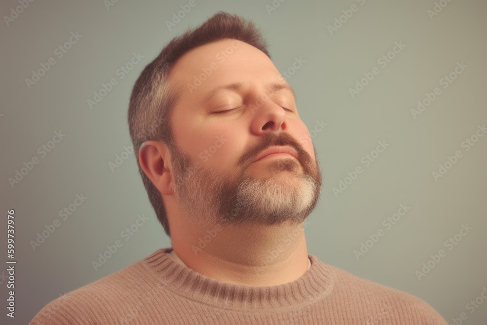 Fototapeta premium Portrait of a bearded man with closed eyes on a gray background