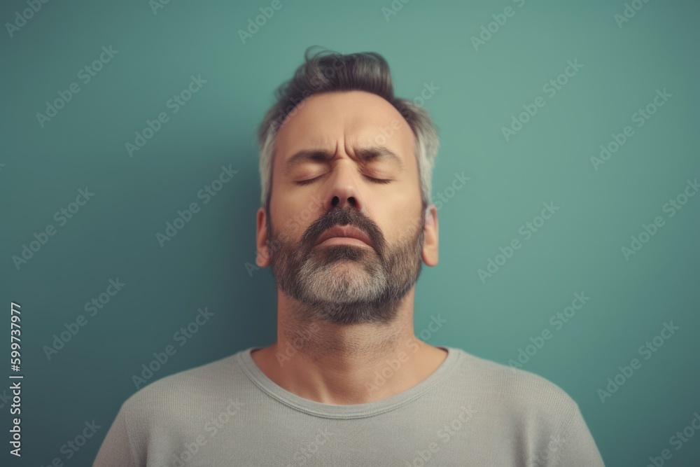 Handsome bearded man with closed eyes on a green background. Handsome bearded man with closed eyes on a green background.